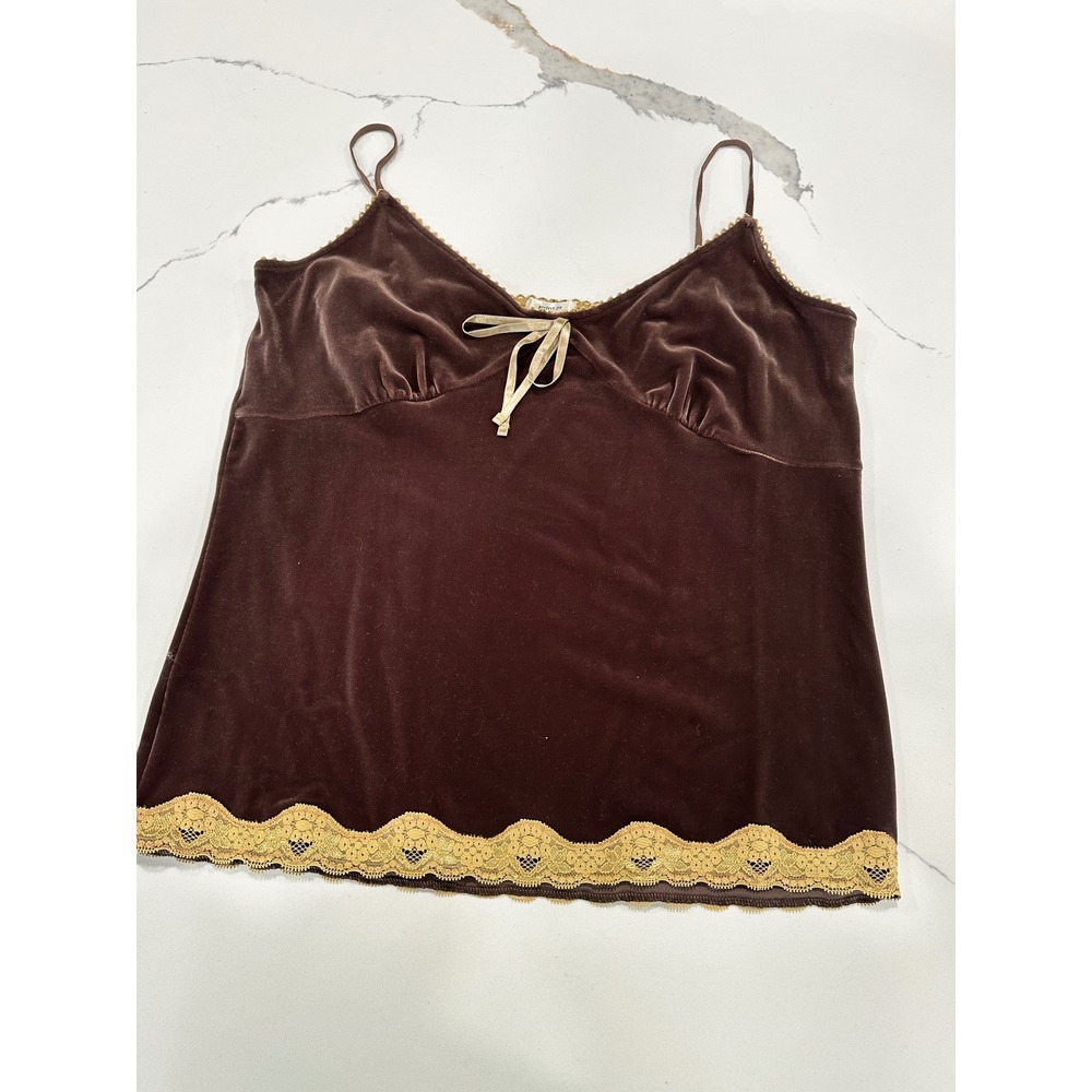 Old Navy Vintage Brown Velvet Lace Trim Camisole Top Y2K Gold Bow L NWT